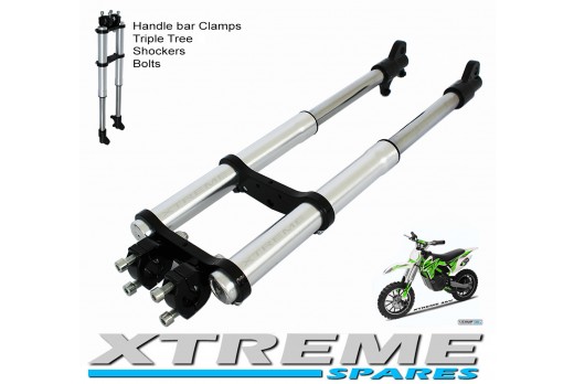 MINI DIRT BIKE COMPLETE FRONT FORKS SHOCKERS TRIPLE TREE HANDLE BAR CLAMPS